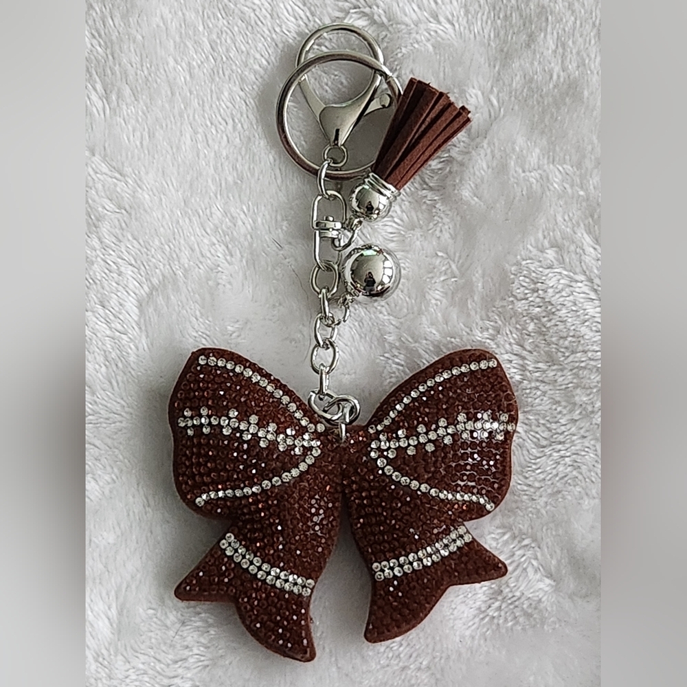Football Brown Bow Keychain with Silver Accents Bag Charm